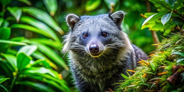 A gray tejon emerges from lush greenery, its sharp claws and pointed muzzle making it a striking figure