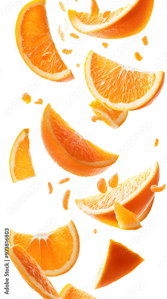 Poster multiple thin slices of orange falling in a spiral pattern