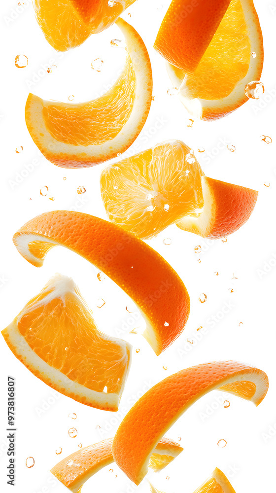 Poster multiple thin slices of orange falling in a spiral pattern