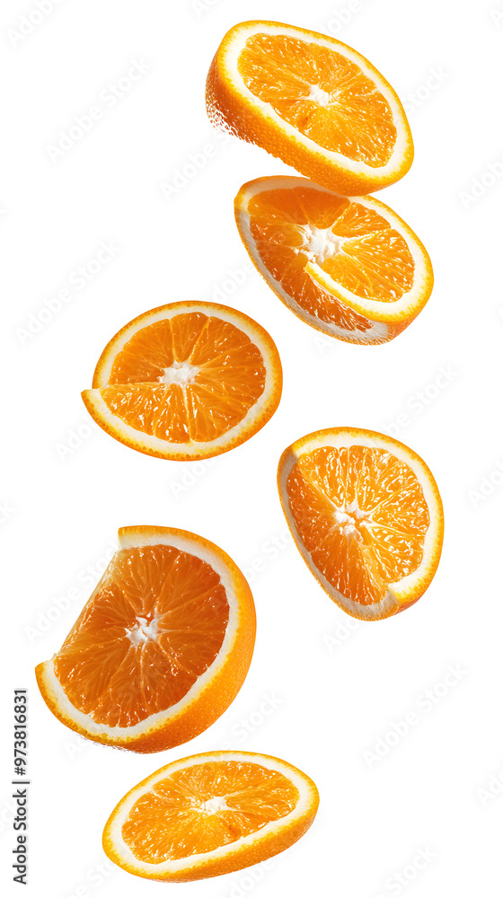 Poster multiple thin slices of orange falling in a spiral pattern