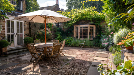 Obraz premium Done viwe London garden in summer with patio, wooden garden furniture and a parasol or sun umbrella