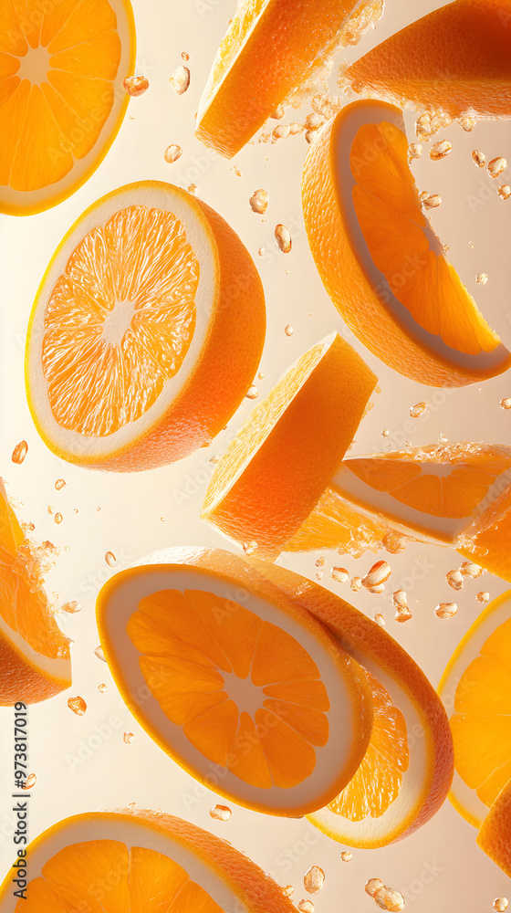 Poster multiple thin slices of orange falling in a spiral pattern