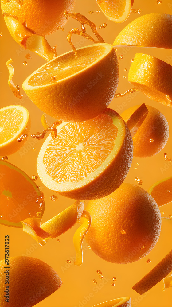 Poster multiple thin slices of orange falling in a spiral pattern