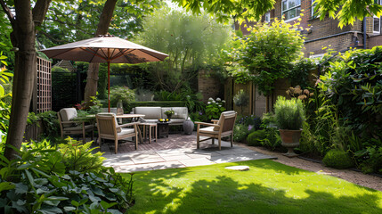 Done viwe London garden in summer with patio, wooden garden furniture and a parasol or sun umbrella