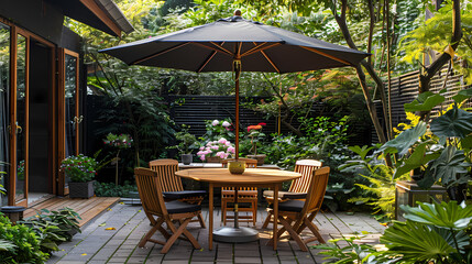 Fototapeta premium Done viwe London garden in summer with patio, wooden garden furniture and a parasol or sun umbrella