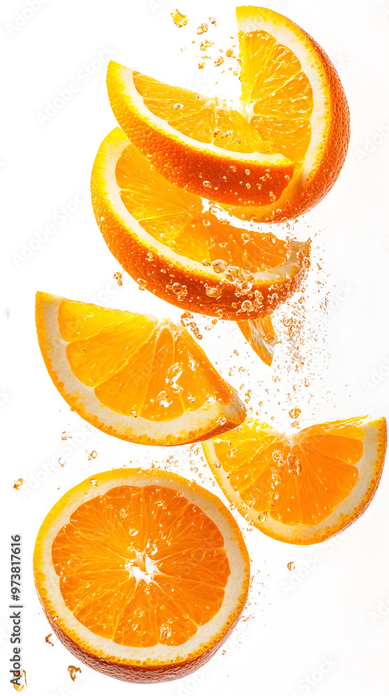 Poster multiple thin slices of orange falling in a spiral pattern
