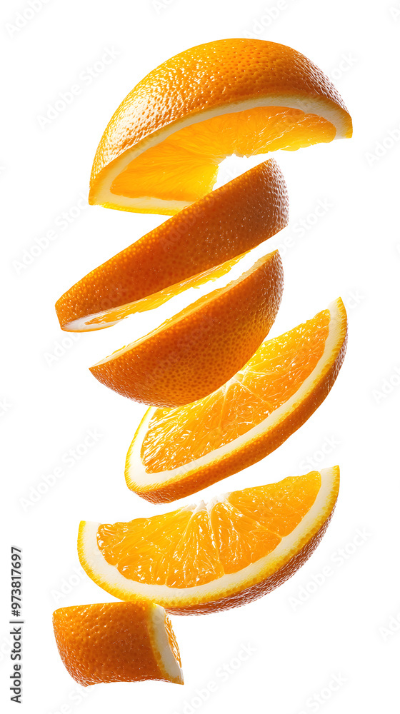 Poster multiple thin slices of orange falling in a spiral pattern
