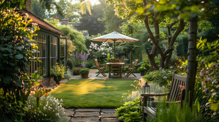 Done viwe London garden in summer with patio, wooden garden furniture and a parasol or sun umbrella