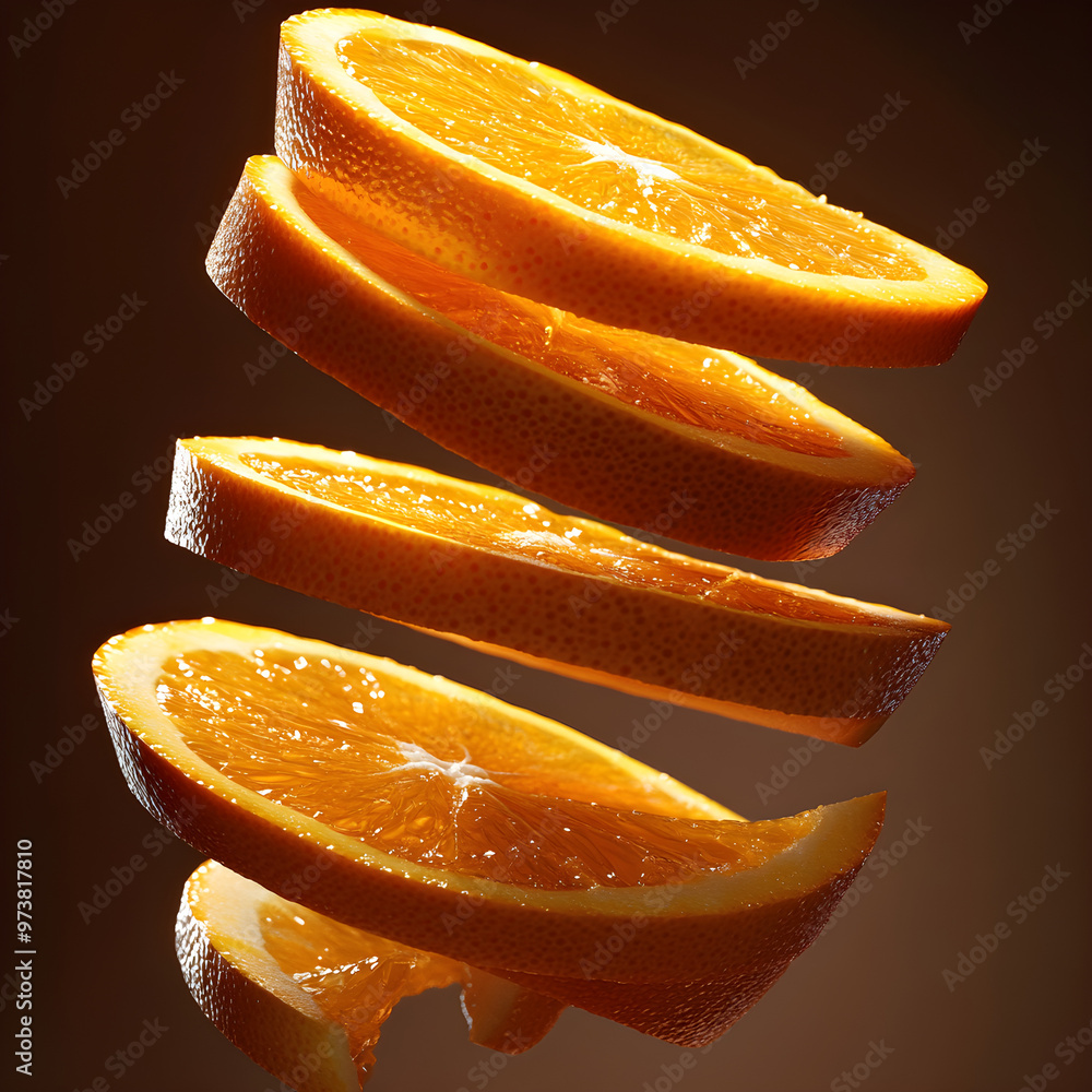 Poster multiple thin slices of orange falling in a spiral pattern