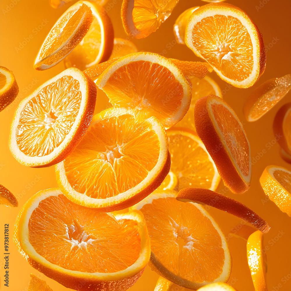 Poster multiple thin slices of orange falling in a spiral pattern