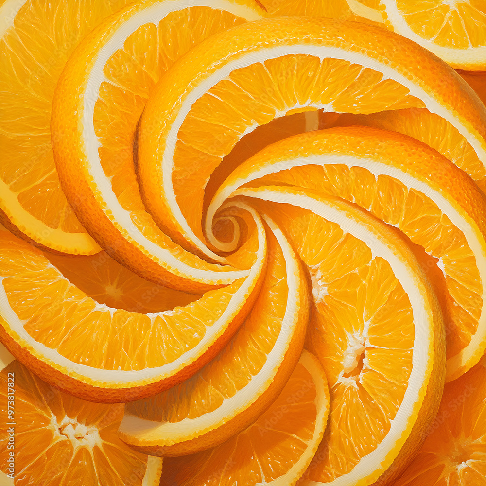 Poster multiple thin slices of orange falling in a spiral pattern