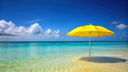 Yellow beach umbrella standing in the crystal clear blue Caribbean sea, beach, umbrella, yellow, Caribbean, sea