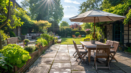 Obraz premium Done viwe London garden in summer with patio, wooden garden furniture and a parasol or sun umbrella
