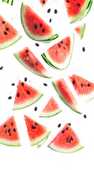 Triangular slices of watermelon falling, with the bright red flesh