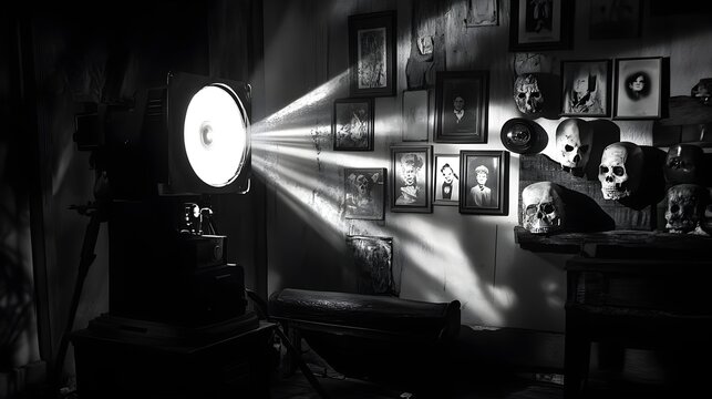 A black-and-white vintage horror setup featuring an old film projector casting spooky shadows on the wall, with classic horror masks, old photographs, and a weathered coffin in the corner 