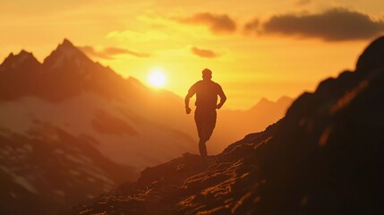 Man running towards the sunset in the mountains