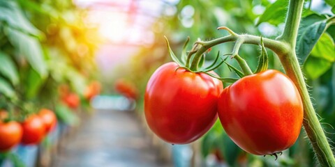 Close up view of two ripe red tomatoes growing on a plant in a greenhouse , Tomatoes, ripe, red, fresh, plant, greenhouse