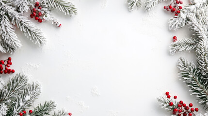 A festive frame of snow laden pine branches and red berries creates cheerful winter atmosphere, perfect for holiday celebrations and seasonal greetings