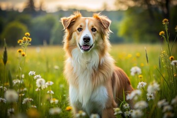 A majestic collie mix dog with a fluffy coat and piercing brown eyes stands proudly in a lush