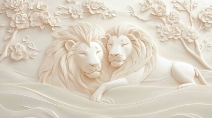 D Wall Art   White Lions with Flowers  Relief Sculpture Design