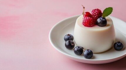 A white panna cotta dessert with fresh berries on a pink background.