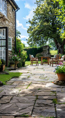 Fototapeta premium Hard landscaping, new luxury stone patio and garden of an English home