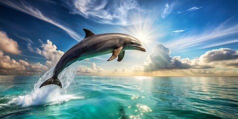 Fototapeta premium A majestic dolphin leaps out of the turquoise ocean, its sleek gray body arcing through the air, sunlight
