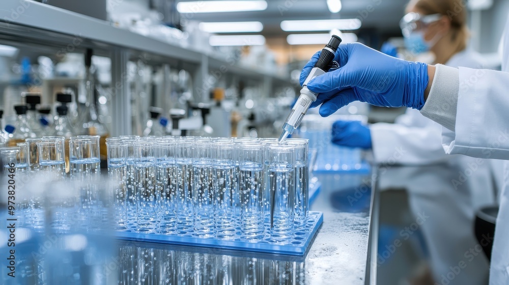 Poster scientist in lab using pipette to fill test tubes with liquid