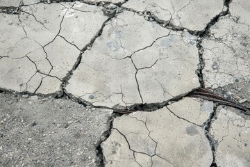 Obraz premium Close-up of shattered concrete revealing deep cracks and exposed rebar, symbolizing strength and vulnerability