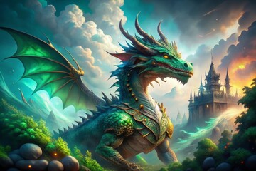 Fototapeta premium A majestic dragon with vibrant frilled scales and piercing gaze emerges from emerald mist, surrounded by ancient