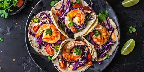 Shrimp Tacos with Purple Cabbage, Tomatoes, Parsley, Lime, and Spicy Mayonnaise Chili Sauce on a Black Plate, Viewed from Above on a Concrete Surface