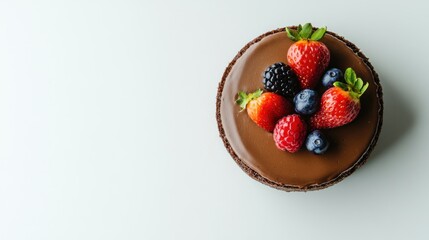 A chocolate cake topped with fresh strawberries, raspberries, and blueberries, shot from above against a white background.
