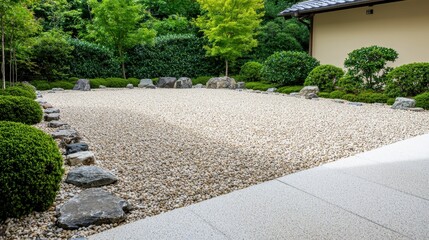 Obraz premium Japanese Zen Garden with White Gravel Stones and Green Bushes