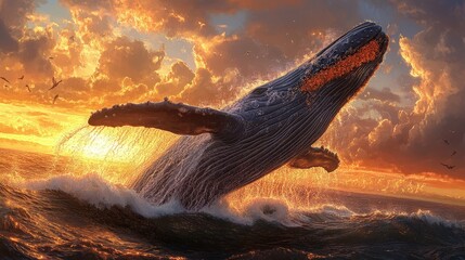 Fototapeta premium Whale Leaping at Sunset.
