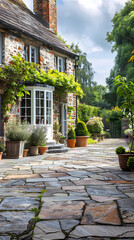 Obraz premium Hard landscaping, new luxury stone patio and garden of an English home