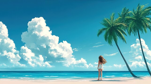 Lofi Cute Anime Girl on Beach Ocean Sea - Anime Manga Style Cozy Chill Relax Wallpaper Background
