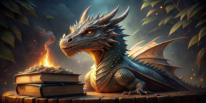A majestic dragon with scales glistening in warm light sits comfortably on a pile of ancient tomes, nose