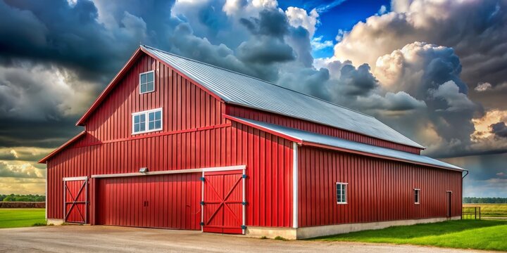 A rustic red metal roof stretches across the pole barn's architecture, its dominance accentuated by the lackluster