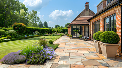 Hard landscaping, new luxury stone patio and garden of an English home