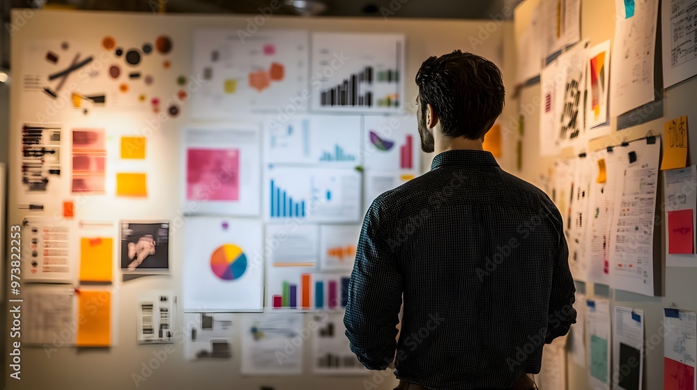 Poster man examining data visualizations on a wall in an office