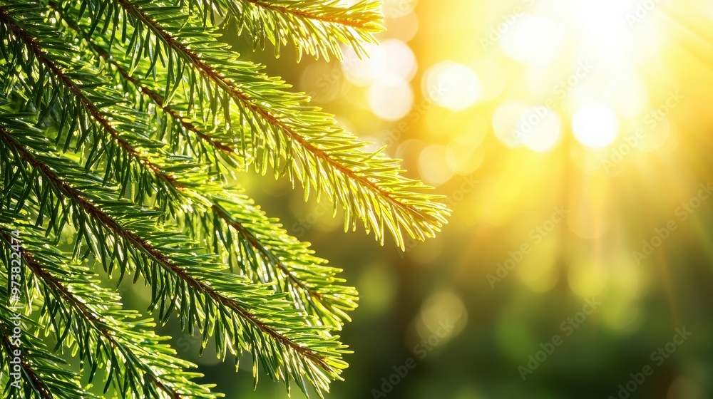 Poster closeup of pine tree branch with sunbeams and bokeh background