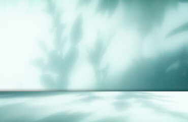 Background teal summer abstract shadow gradient room studio product floor wall green overlay leaf blur cement Mockup presentation fashion cosmetic backdorp scene loft minimal template empty simple.