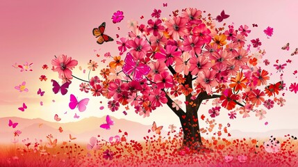 Fototapeta premium Floral tree beautiful with butterfly 