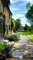 Obraz premium Hard landscaping, new luxury stone patio and garden of an English home