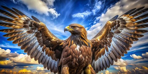 Fototapeta premium A majestic golden eagle spreads its regal wings, showcasing its sharp talons and feathered plumage against a bright