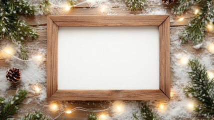 A rustic wooden frame surrounded by twinkling fairy lights and pine branches creates warm, inviting atmosphere perfect for holiday decorations