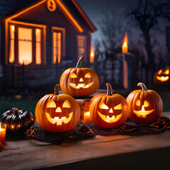 Fototapeta premium Halloween pumpkins and candles in front of a haunted house background