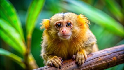 Fototapeta premium A small, golden marmoset sits statically on a branch, its wide eyes gleaming with innocence amidst the lush