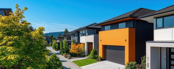 Fototapeta premium A modern home with an elegant asphalt shingle roof, blending seamlessly with the surrounding contemporary architecture