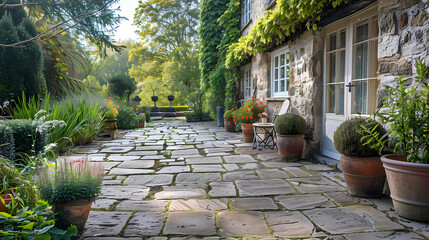 Obraz premium Hard landscaping, new luxury stone patio and garden of an English home